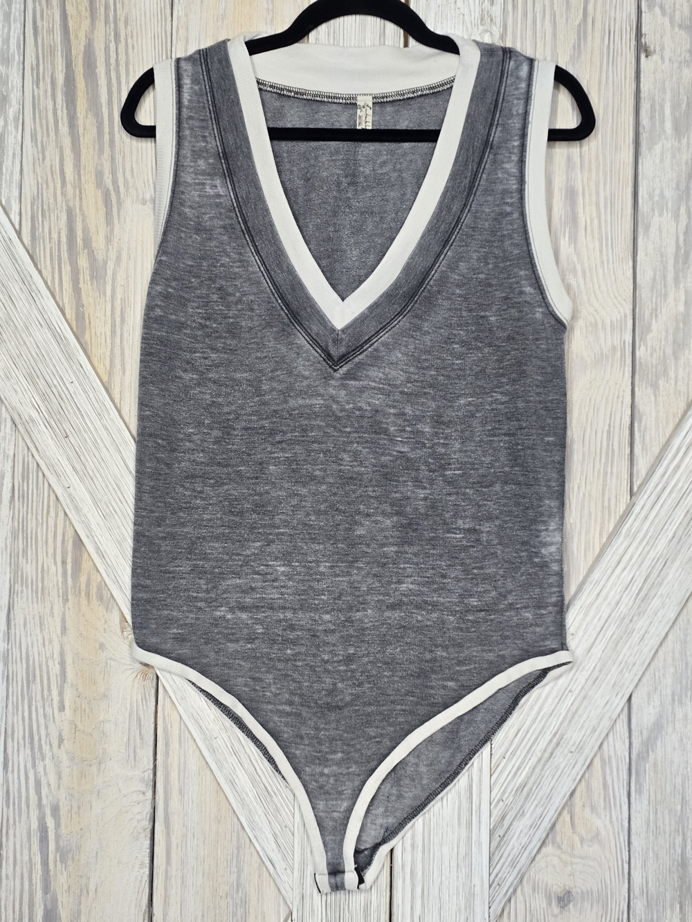 Free People Minimal Sporty Bodysuit Grey V-Neck Contrast Trim Size S
